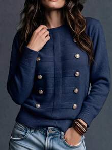 Trelyra Women's Soft Knit Top With Double-Breasted Gold Buttons, Gentle Style, Commuter - Navy Blue - View 5