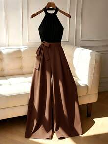 GlowEve Fashionable Elegant Commute 2 In 1 Cold Shoulder Round Neck Tank Top Wide Leg Pants Jumpsuit - Brown - View 3