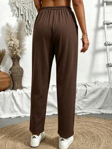 SHEIN Maillard Coffee Brown Thickened Casual Sweatpants For Women, Drawstring Waist, Pockets, Cuffed Hem, Loose Straight Leg Long Pants - Brown - View 2