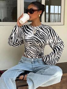 Muchica Nouveau T-shirt à manches longues blanc & gris vintage à rayures zébrées, coupe slim, top basique élégant et décontracté pour le printemps, l'été, l'automne et l'hiver, convient pour les sorties et les fêtes, tenue à rayures zébrées pour femmes - Multicolore - Voir 6