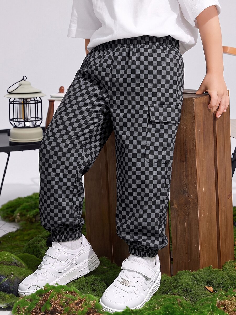 SHEIN 小男孩棋盤格工裝口袋休閒慢跑長褲 - 彩色 - 查看 1