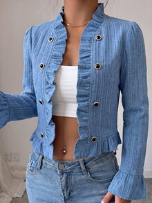 SHEIN Elenzya 女款雙排扣荷葉邊開襟休閒法式優雅夾克，矢車菊藍，秋季日用下午茶穿搭 - 藍色 - 查看 3