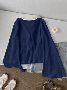 SHEIN LUNE Casual Women's Lace-Up Contrast Trim Knit Top - Navy Blue - View 2