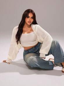 SHEIN CURVE+ Plus Size Women's Versatile Long Sleeve Cardigan Shawl Sweater, Suitable For Autumn/Winter - White - View 4