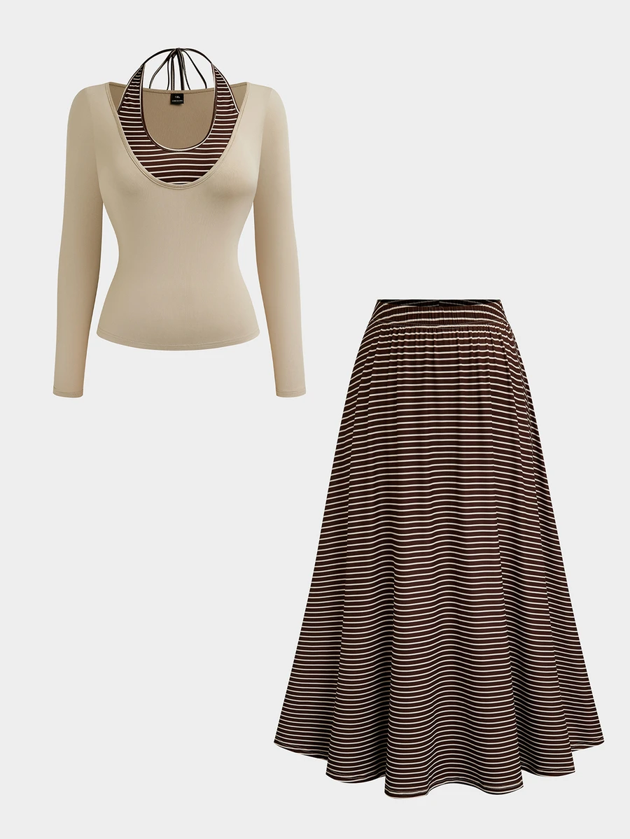 Sweetra Plus Size Casual 2 Pieces Set With Faux Layered T-Shirt And Striped Skirt - Brown - View 1