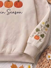 SHEIN EZwear 女款字母南瓜刺繡圖案休閒日常長袖連帽衛衣，簡約印花圖案，杏色，寬鬆版型，加厚 - 杏色 - 查看 4