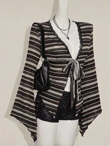 SHEIN ICON Y2K 女款西式波西米亞嬉皮哥德風性感蕾絲扭轉前襟長袖開襟衫 - 彩色 - 查看 7