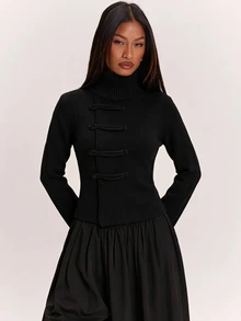 SHEIN BAE 橄欖綠女款鈕扣開襟針織外套 2026年秋季休閒V領長袖夾克 適合辦公室、週末早午餐，可搭配牛仔褲穿著 - 黑色 - 查看 3