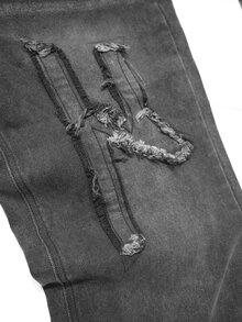 Manfinity Denimwave Men's Letter Patchwork Embroidered Raw Edge Black Washed Denim Straight Wide Leg Pants - Dark Grey - View 4