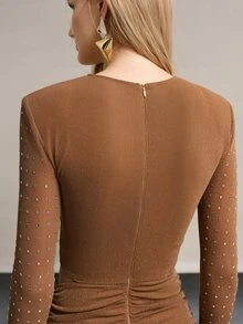 MOTF PREMIUM WOMEN'S AUTUMN/WINTER OCCASION WEAR RHINESTONE EMBELLISHED LIGHT PARTY MID-LENGTH DRESS - Brown - View 2