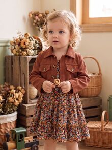 SHEIN Vintaside Kids 女嬰幼兒燈芯絨夾克與花朵細肩帶洋裝 2 件套，上衣：燈芯絨短款長袖夾克配翻領；內搭： - 棕色 - 查看 4