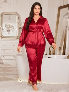 MuseNap CURVE Burgundy Lace Backless Top With Lace Hem And Cuff Long Sleeve Pants Elegant Plus Size Women's Pajama Set - Burgundy - View 7