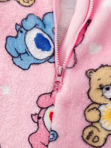 SHEIN X Care Bears GraphicGems 秋冬雙面法蘭絨保暖內裡加厚女童連身衣，聯名可愛卡通熊與星星印花，精緻熊帽附刺繡與3D耳朵設計，拉鍊開合，長袖長褲居家休閒服 - 粉色 - 查看 4