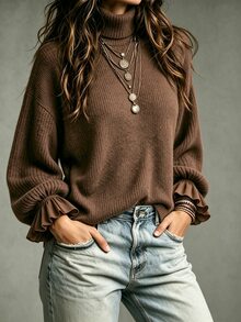 LUMIGAL Women's Solid Color High Neck Drop Shoulder Long Sleeve Loose Top - Apricot - View 6