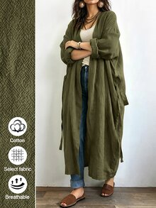 Linhara CURVE Women's Long Casual Linen Jacket, Outdoor Casual, Commute Top - Army Green - View 4