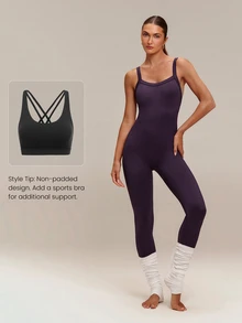 26" Second Skin Seamless Soft Launch Low-Rise Bodysuit With Wide Straps, Low-Cut V-Neck & Scrunch Bum Training Workout Studio Gym Fitness Wear - Purple - View 7
