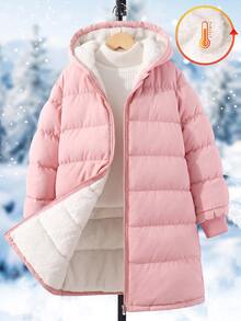 SHEIN 1件少女中長款長袖加厚外套，內裡刷毛，舒適保暖，純色 - 粉色 - 查看 4