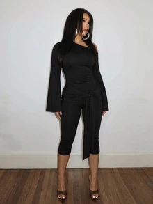 Slaydiva Women's Solid Color Asymmetrical Shoulder Casual Daily Wear Jumpsuit - Black - View 7