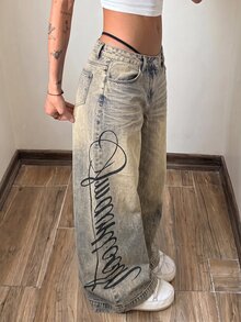StreetHx Tall 女款休閒水洗字母印花寬腿牛仔褲 - 藍色 - 查看 5