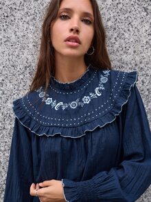 Nöista 女款花卉刺繡圖案休閒日常穿著襯衫 - 寶藍色 - 查看 3