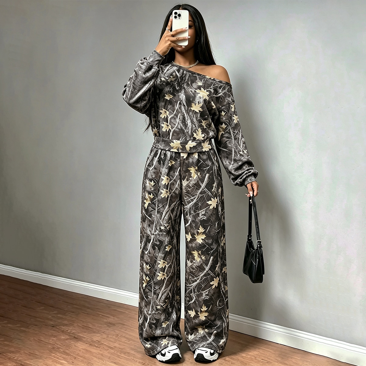 Women's Autumn Maple Leaf Print 2 Pieces Set Cold Shoulder Short Long Sleeve Top Drawstring High Waist Wide Leg Pants Outfit Suitable For Shopping Dating Street Outing Daily Casual Wear