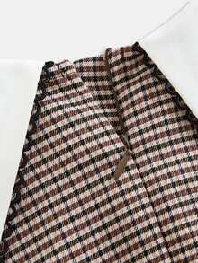 SHEIN Tween女孩休閒拼接配色POLO領修身寬鬆A字洋裝，荷葉邊飾邊、精緻小Logo刺繡、棕色梭織格紋、藍色，返校季穿搭，卡其色 - 棕色 - 查看 7