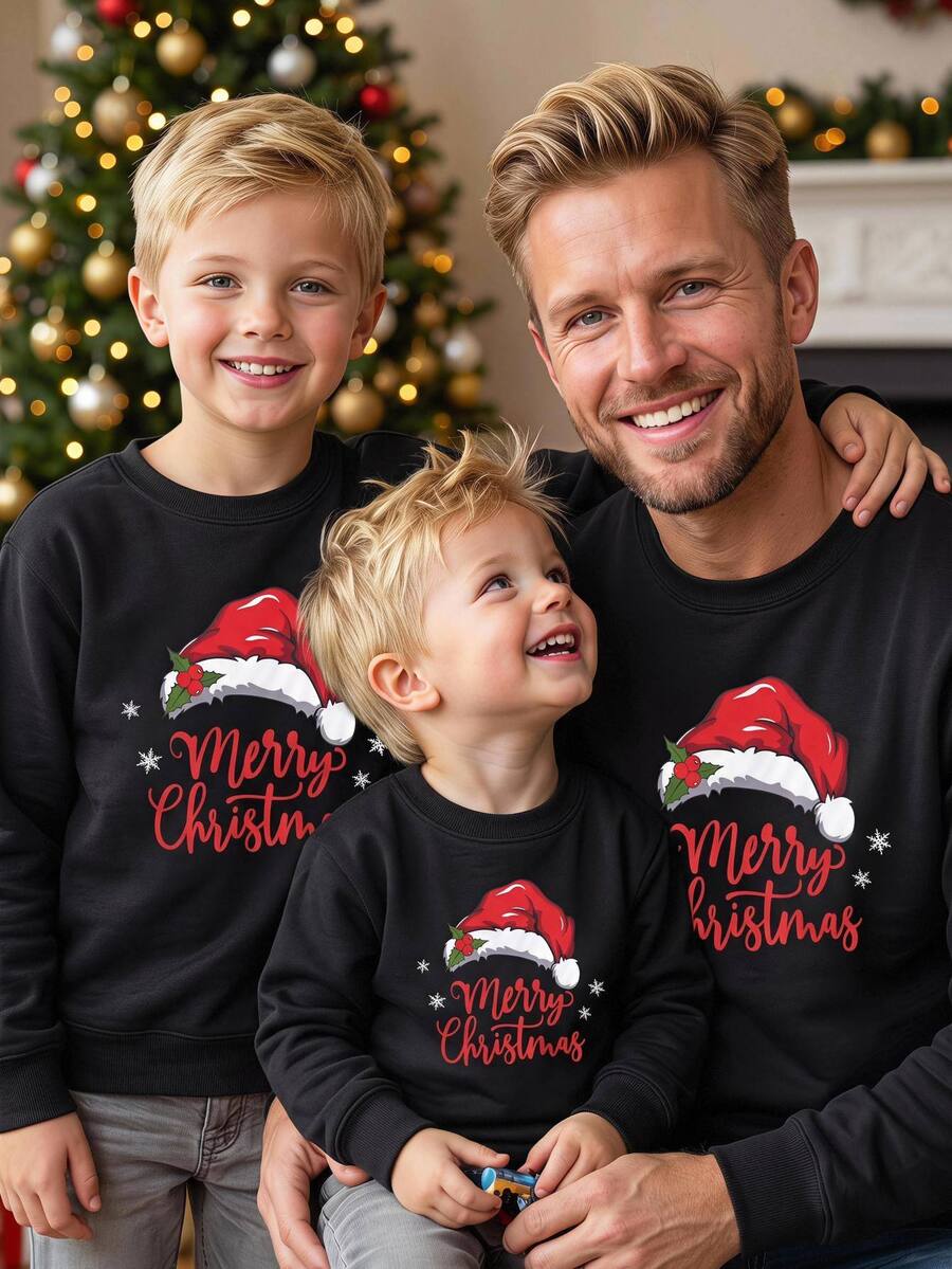 SHEIN Kids Young Boys Casual Christmas Pattern Short Sleeve Crew Neck Autumn Sweatshirt, Soft Thermal Lined - Black - View 1