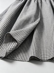 Linhara CURVE Round Neck Long Sleeve A-Line Skirt With Pockets Waist-Cinching Plaid Patchwork Long Dress - Black - View 7