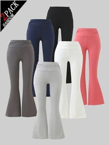 Girls' Teen Soft Comfortable Elastic Flare Casual Long Pants, High Elasticity Skin-Friendly Solid Color Sports Long Pants 2-Piece Set - Multicolor - View 1