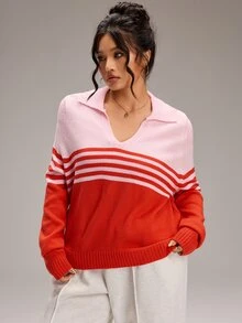 EMERY ROSE Plus Size Women's Pink And Red Polo Collar Striped Colorblock Ribbed Cuff Long Sleeve Knit Top Fall/Winter Warmth - Multicolor - View 4