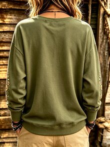 EMERY ROSE Plus Size Women's Army Green Floral Sweatshirt, Crew Neck Long Sleeve Casual Pullover, Autumn Winter Thanksgiving Brunch - Army Green - View 2