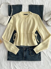Sweetra Cream Yellow Round Neck Single-Breasted Hollow Cable Knit Women's Cardigan - Light Yellow - View 3