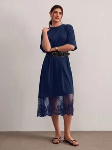 Freevana Plus Size Women Lace Patchwork Casual Party Dress - Royal Blue - View 1