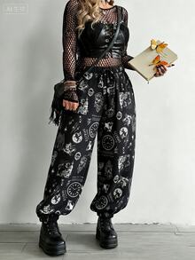 Whyspr Plus Size Dark Style Patchwork Print Loose Pants - Black - View 3