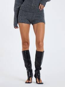 MUSERA Grey Knitted Fold Over Micro Mini Shorts Fall Winter Women Outfit Casual - Dark Grey - View 1