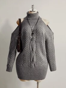SHEIN ICON Plus Size Women's Cold Shoulder High Neck Long Sleeve Knit Dress - Grey - View 2