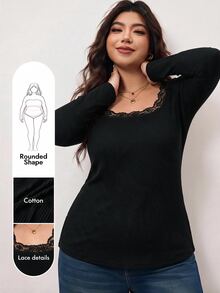 Enliva Plus Size Women's Cotton Blend Long Sleeve T Shirt Square Neck Casual Basic Top Flattering Compatible With Apple Shape - Black - View 1