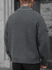 Manfinity CasualCool Solid Color Vertical Ribbed Texture Men's Knit Cardigan With Stand Collar And Zipper Closure, Business Casual Long Sleeve Sweater - Black - View 2