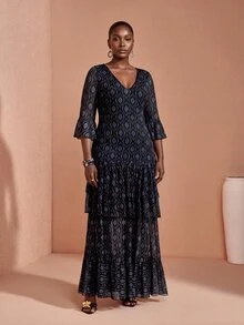 JIAN LASALA Black All-Over Print Mesh V Neck Layered Flared Sleeve Women Boho Plus Size Dress Vacation - Multicolor - View 1