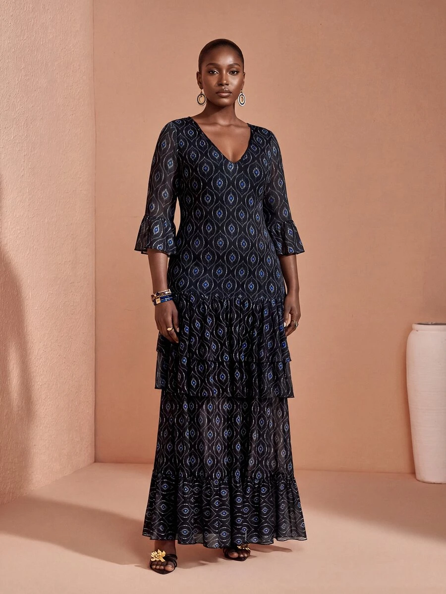 JIAN LASALA Black All-Over Print Mesh V Neck Layered Flared Sleeve Women Boho Plus Size Dress Vacation - Multicolor - View 1