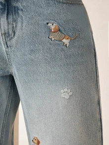 Anewsta Women's Washed Blue Embroidered Puppy Pattern Straight Leg Jeans - Blue - View 1