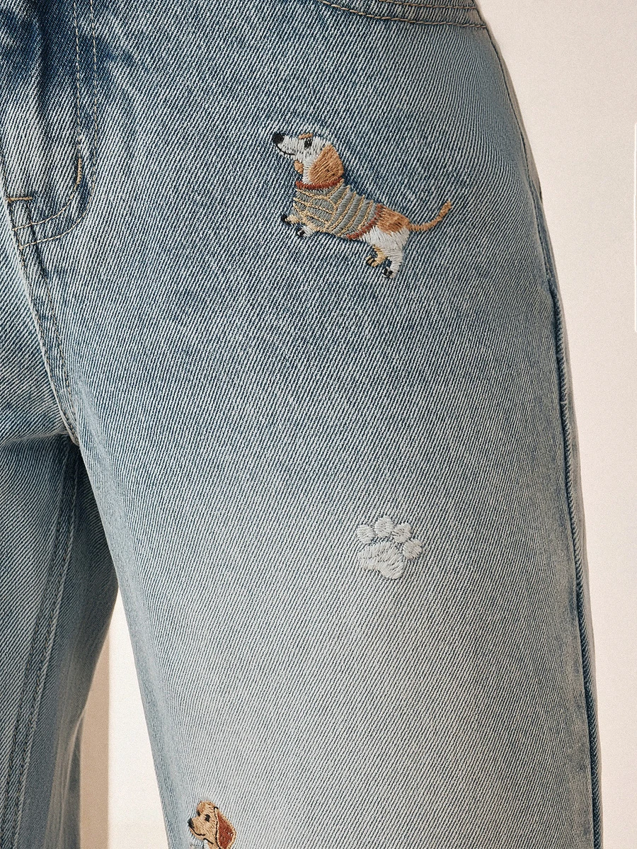 Anewsta Women's Washed Blue Embroidered Puppy Pattern Straight Leg Jeans - Blue - View 1