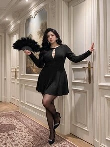 Vibekara Autumn/Winter High-End Cinched Cinched Waist Versatile French Chic Hollow-Out Shiny Thread Butterfly Decor Long Sleeve A-Line Mini Dress Plus Size - Black - View 7