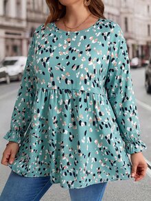 EMERY ROSE Plus Size Allover Print Round Neck Bell Sleeve Blouse Elegant Office Fall Winter 2026 - Mint Green - View 5