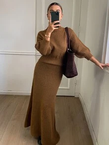 Livesso Women's 2 Pieces Set: Winter Brown Crew Neck Long Sleeve Knit Sweater & High Waist Slim Fit Ribbed Knit Pants - Brown - View 3