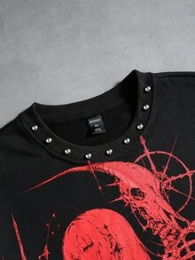 ROMWE MEN Men's Loose Long Sleeve T-Shirt With Rivet Decor And Anime Character Print - Black - View 4
