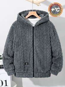 SHEIN 青少年男孩休閒灰色毛絨拉鍊連帽外套，小麥紋理設計，適合秋冬保暖穿著上學 - 灰色 - 查看 4