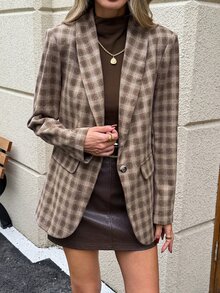 SHEIN LUNE 休閒通勤女款西裝外套 長袖 秋冬格紋 日常基礎時尚外套套裝 - 棕色 - 查看 4