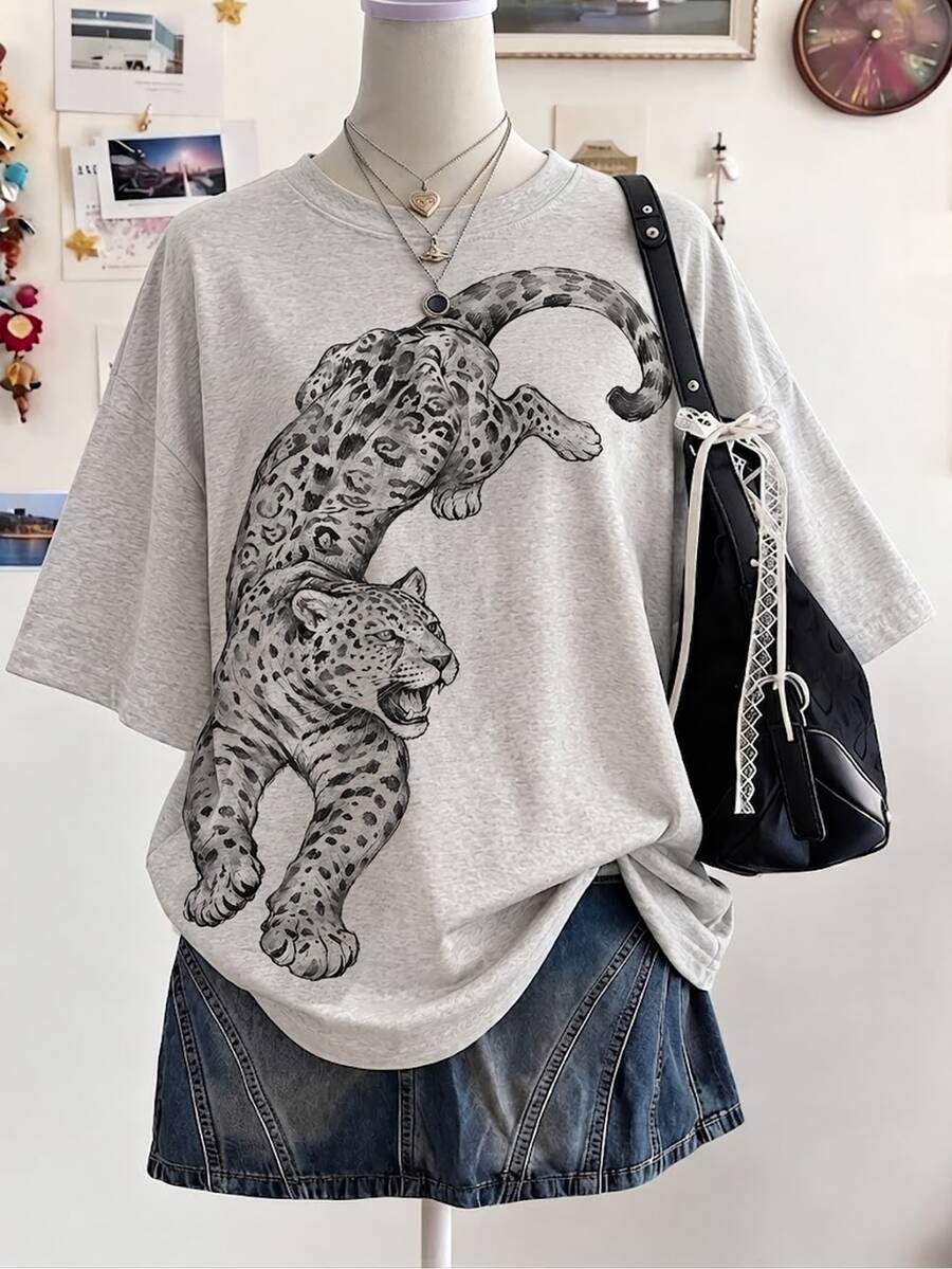 Collagica Collagica Black Round Neck Floral Graphic Loose Short Sleeve Casual Women's T-Shirt - Beige - View 1
