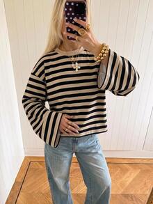 SHEIN EZwear 海外長袖草莓巧克力條紋上衣，秋季上衣，適合日常通勤、聚會、秋冬春夏、聖誕節、新年、感恩節、派對、婚禮、海灘、畢業典禮、優雅、外出、約會、通勤、情人節、優雅、度假、Y2K、畢業典禮等場合 - 彩色 - 查看 3